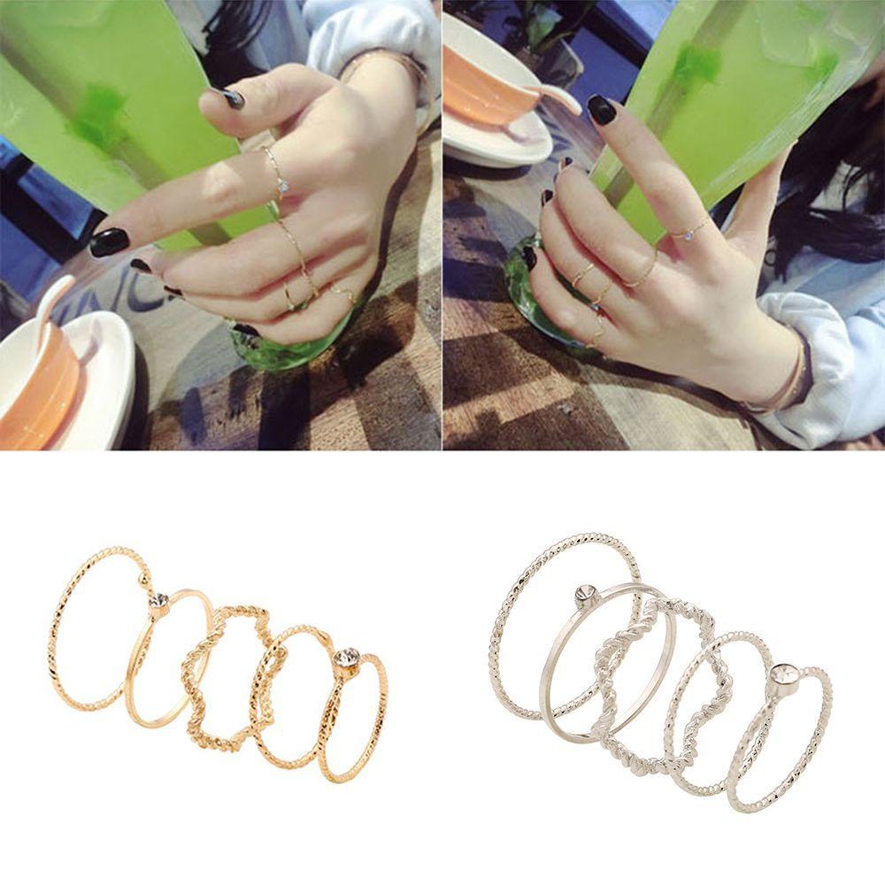 5pcs SKJK Dễ Thương Phong Cách Sang Trọng Sáng|Bộ Nhẫn Đeo Đốt Ngón Tay Kiểu Dáng Đơn Giản|Nhẫn Mỏng Mạ Vàng