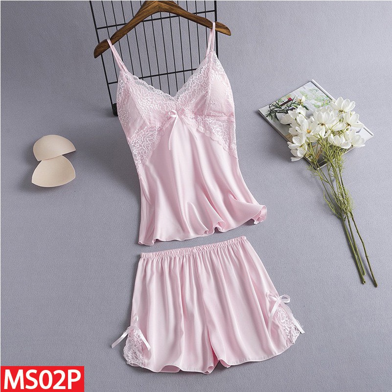 Bộ Đồ Ngủ Hai Dây Hisexy.vn Quần Cộc Lụa Satin Có Mút Ngực Đủ Size Dưới 62Kg MS02