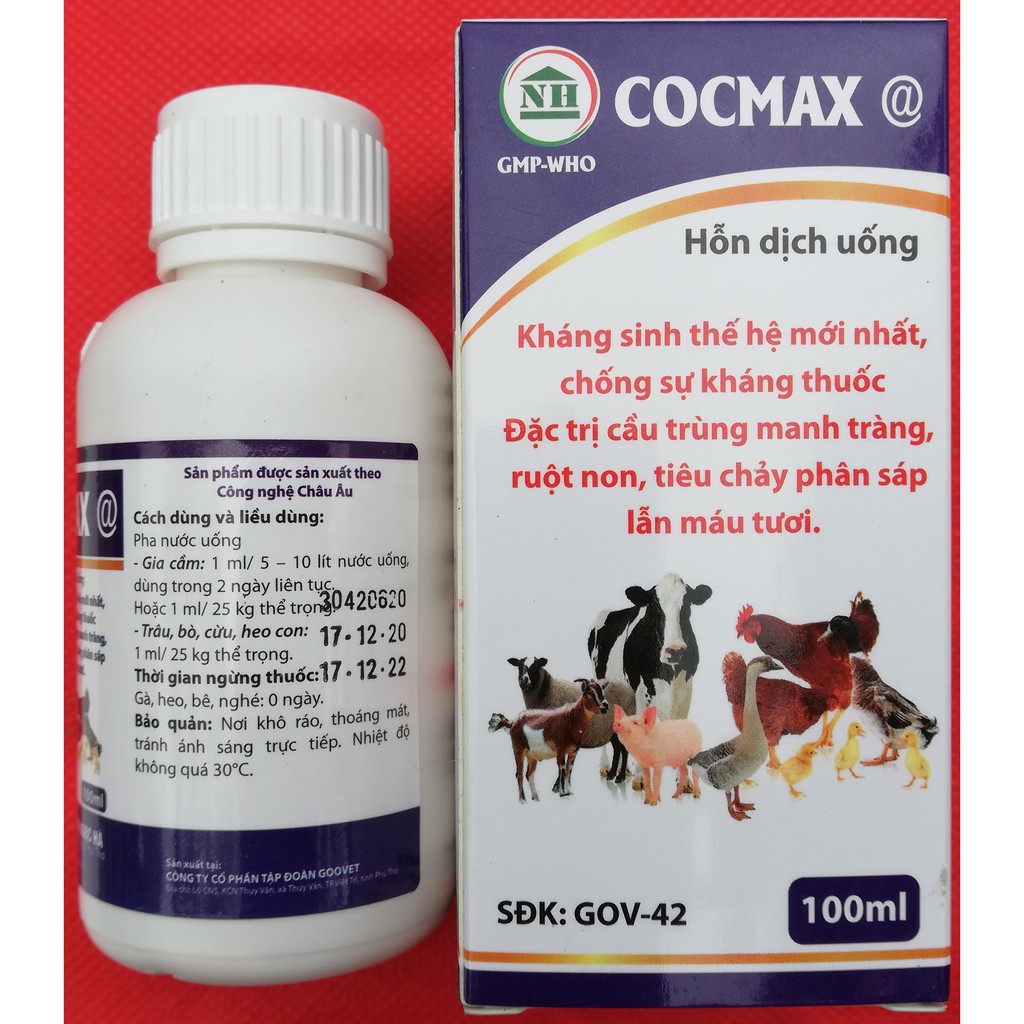 1 lọ COCMAX @ 100ml Dùng cho Gia cầm Trâu, bò, cừu, heo con, chim cảnh mắc cầu trùng manh tràng, ruột non, phân sáp