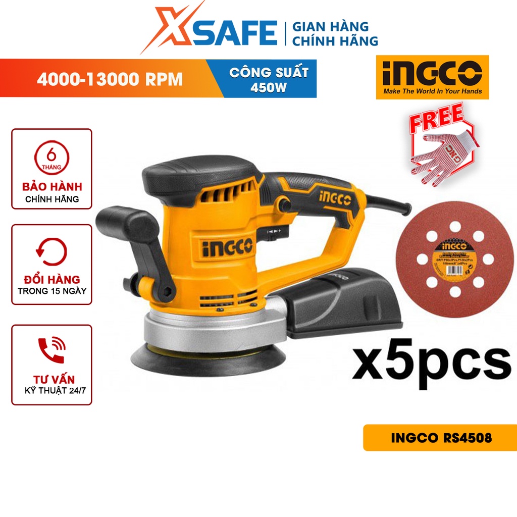 Máy chà nhám tròn INGCO RS4508 450W - Công suất 450W, điện thế 220-240V, tốc độ thay đổi, kèm miếng chà PU 150mm [XSAFE]