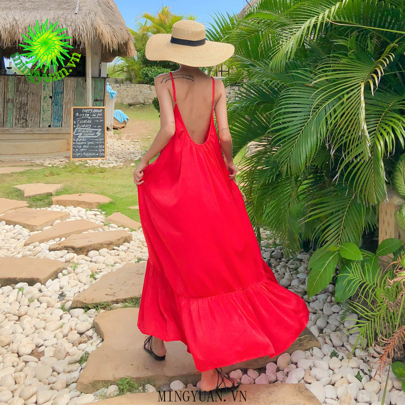 ( Mingyuan ) New beach dress red backless dress long skirt