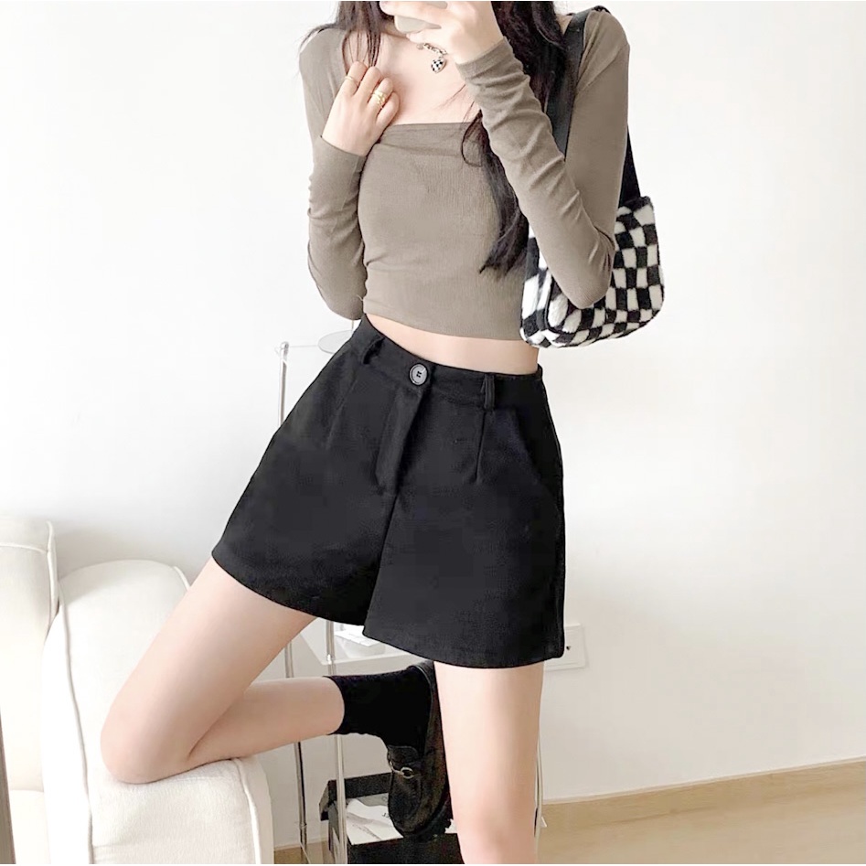 Quần short nữ lưng cao ống rộng lưng thun màu đen Merly Official - quần đùi sooc nữ ngắn bigsize | BigBuy360 - bigbuy360.vn