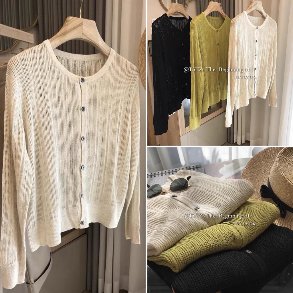 Áo cardigan nữ dệt kim lưới mỏng cúc gỗ thiết kế Hàn Quốc