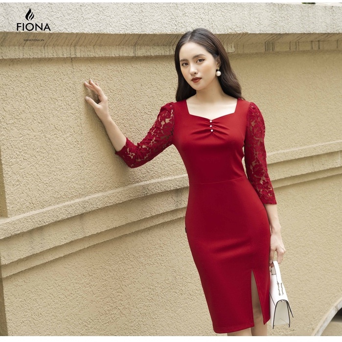 Đầm ren FIONA đính hạt, Váy body công sở chất liệu cotton F420901