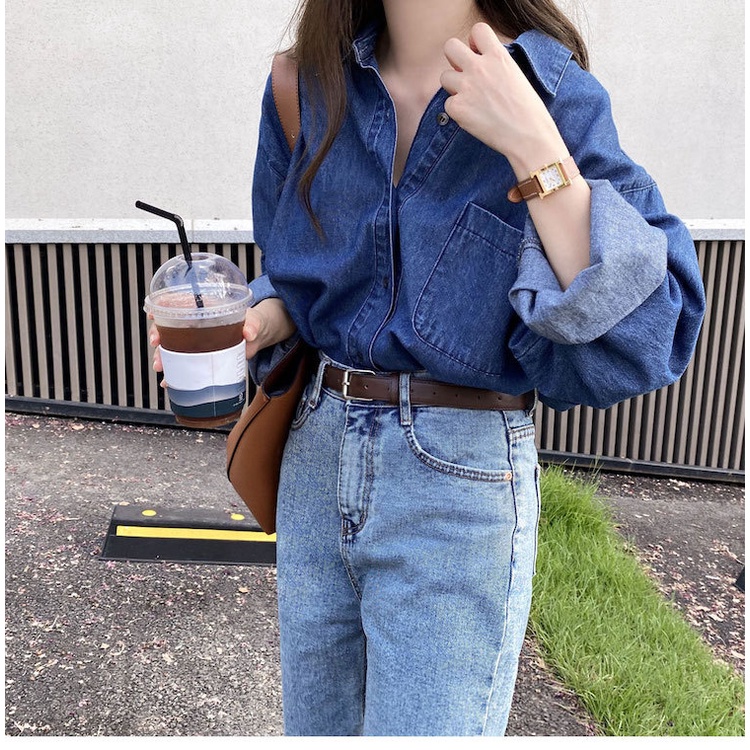 Áo sơ mi denim tay dài có túi phong cách Hàn Quốc cho nữ