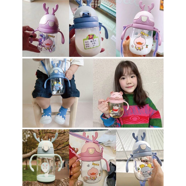 Bình tập uống nước cho bé có ống hút silicon mềm bình hút nước cho bé sừng hưu có dây đeo cute B5