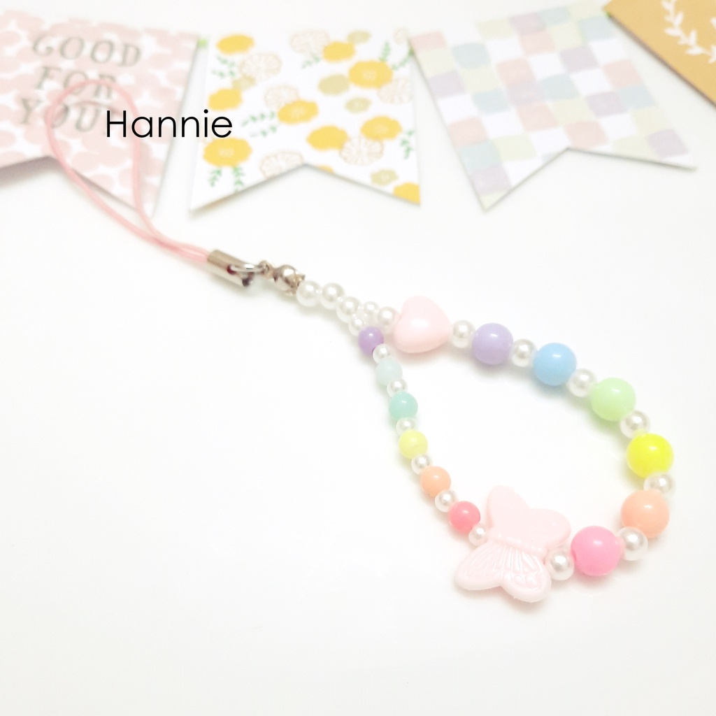 (Tím/Cam/Hồng/Xanh/Vàng) Móc khóa hạt trai pastel bướm - Phụ kiện dây treo điện thoại túi xách balo chìa khóa handmade
