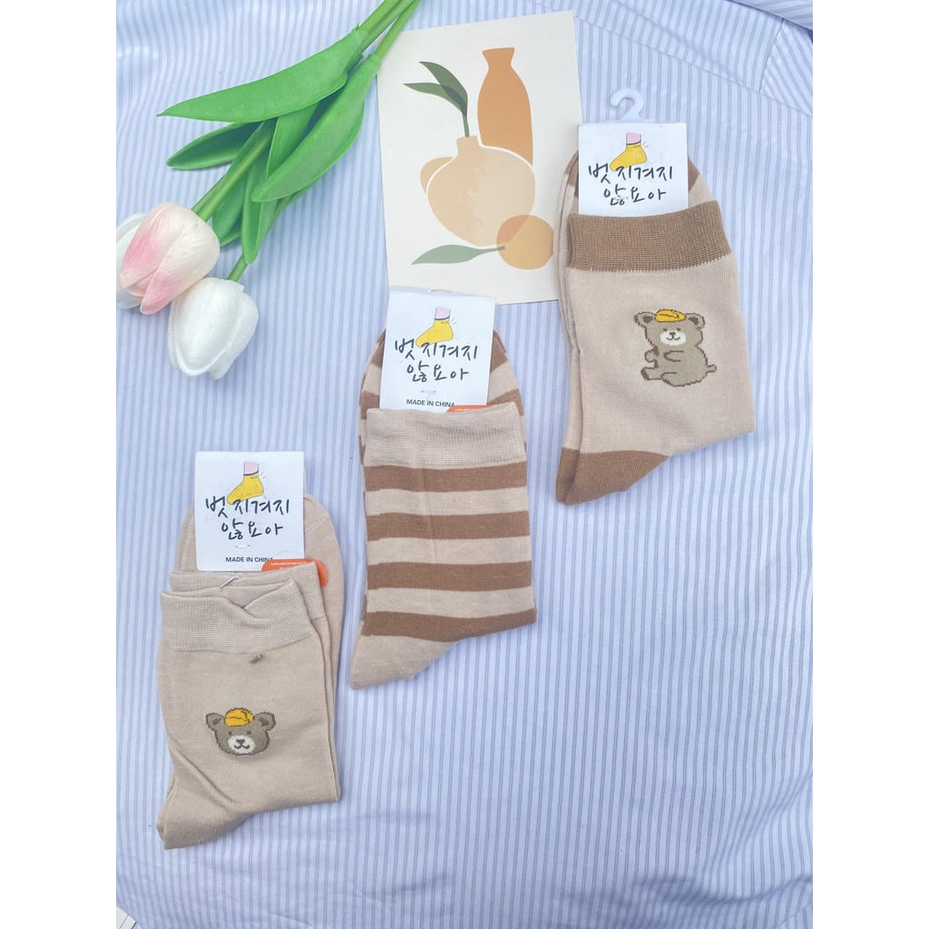 Tất gấu Muzini tất cổ cao tone nâu nhiều hình phong cách Hàn Quốc cute TN214