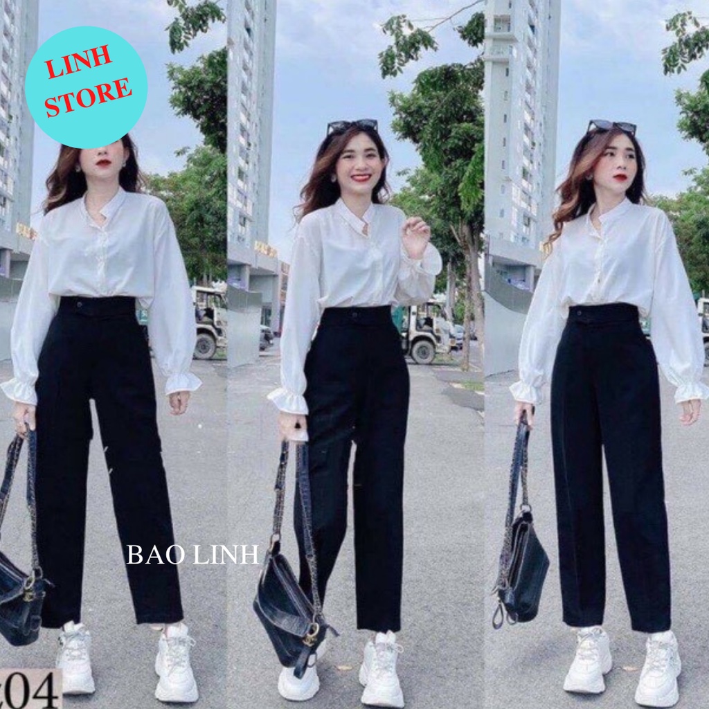 Quần Vải Nữ Cạp Cao Baggy Công Sở Phối Khuy Lệch Chất Liệu Tuyết Mưa Hãng Vitex
