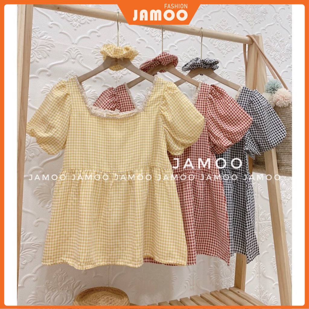 Áo babydoll cổ vuông kèm chun cột tóc- Áo sơ mi nữ ulzzang Jamoo( hàng sẵn/ video thật)