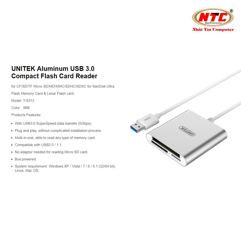 Đầu đọc thẻ nhớ 3.0 Unitek Y-9313 hỗ trợ microSD/SD/CF - hỗ trợ tốc độ 5Gbps (Bạc)