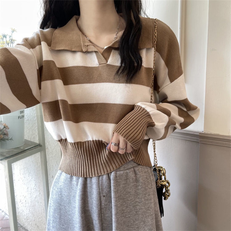 Áo thun polo NZN dài tay họa tiết kẻ sọc ngang thời trang mùa thu dành cho nữ