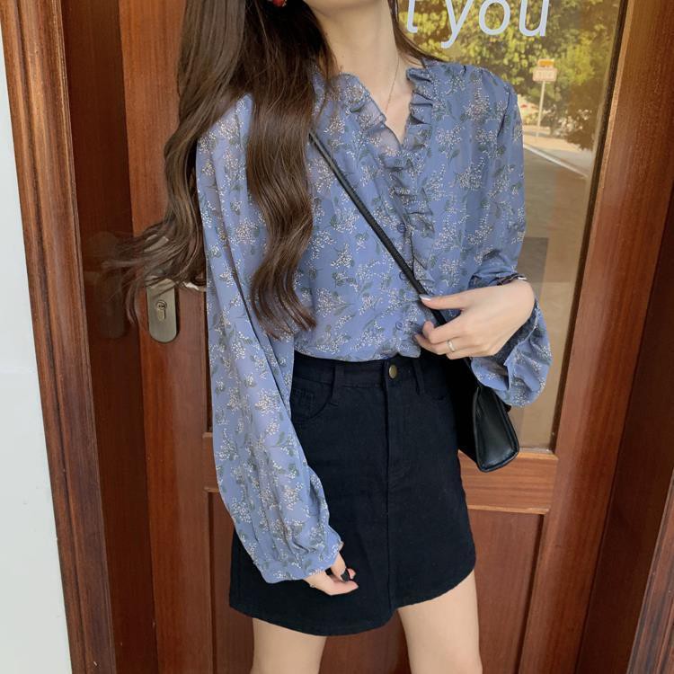Áo Kiểu Chất Chiffon Tay Dài Hoạ Tiết Hoa Thiết Kế Thanh Lịch