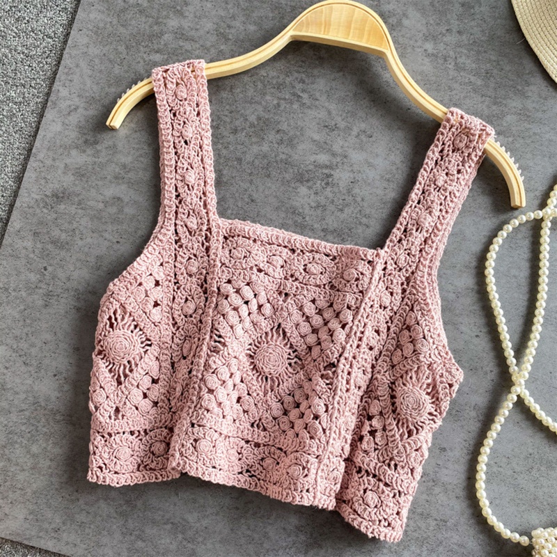 Áo Croptop Dệt Kim Sát Nách Cổ Vuông Họa Tiết Kẻ Sọc Phong Cách Retro Cho Nữ