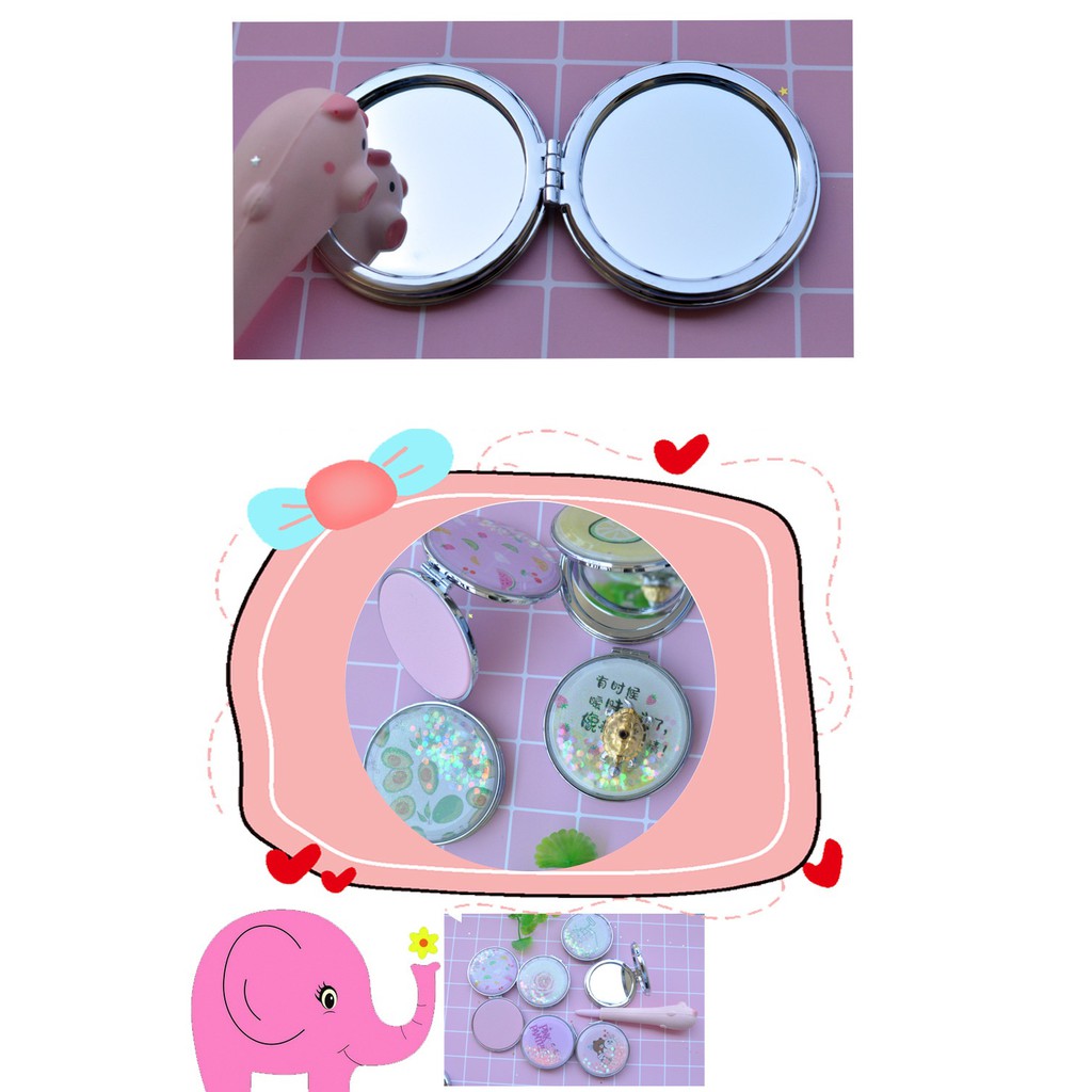 Gương mini 2 mặt nhũ ki tuyến họa tiết cute quả bơ, trái bơ, gấu bế thỏ, tôm và jely