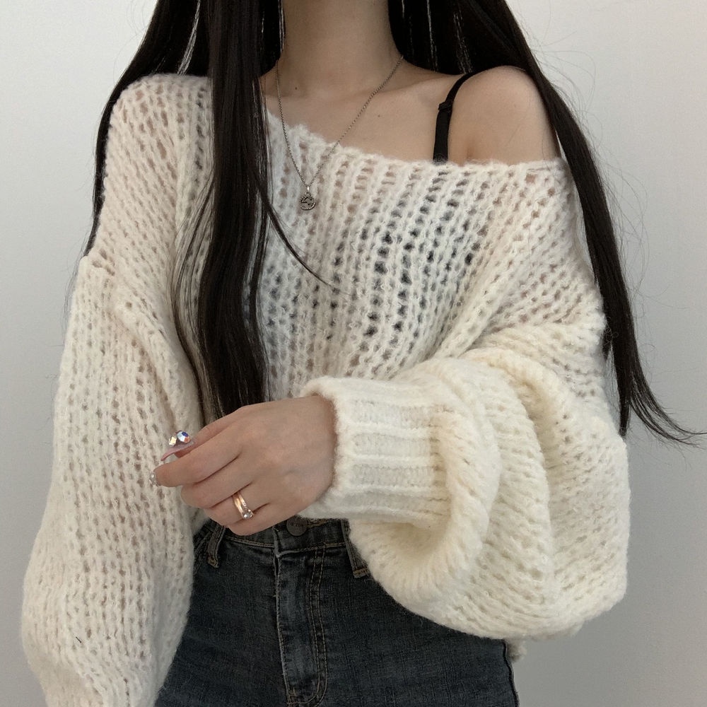 Áo sweater dệt kim tay phồng dáng rộng màu sắc ngọt ngào phong cách Hàn Quốc xinh xắn cho nữ