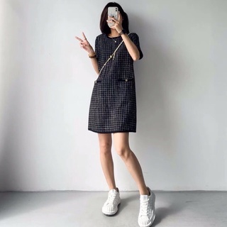 GIẤY RẬP đầm suông ngấn tay dáng ngắn 2 túi trước