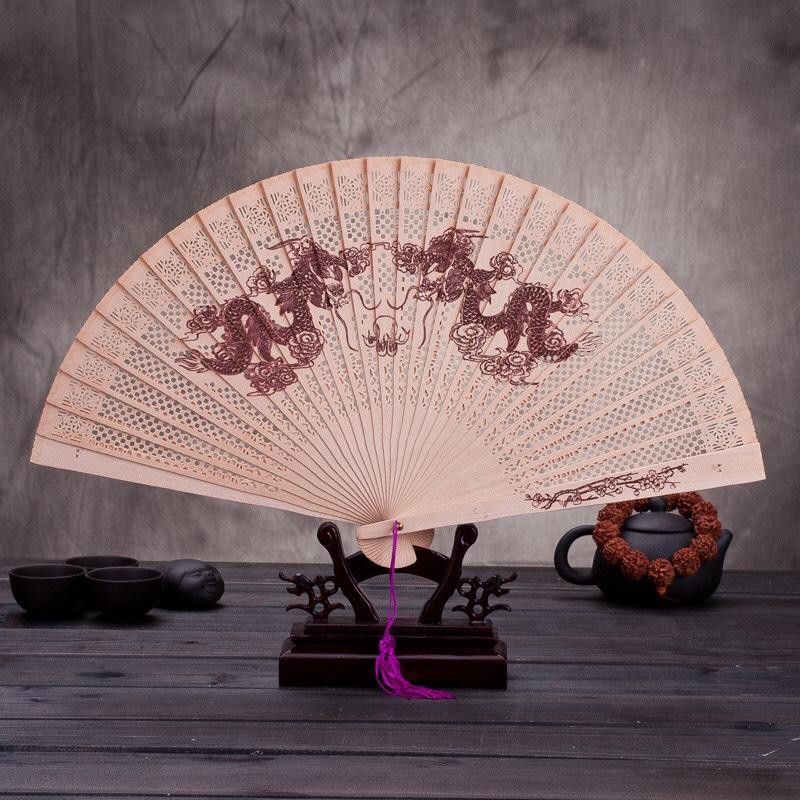 Quạt gỗ thơm cổ phong dây tuyến tiên nữ đánh đàn quạt cầm tay phong cách Trung Quốc cổ trang