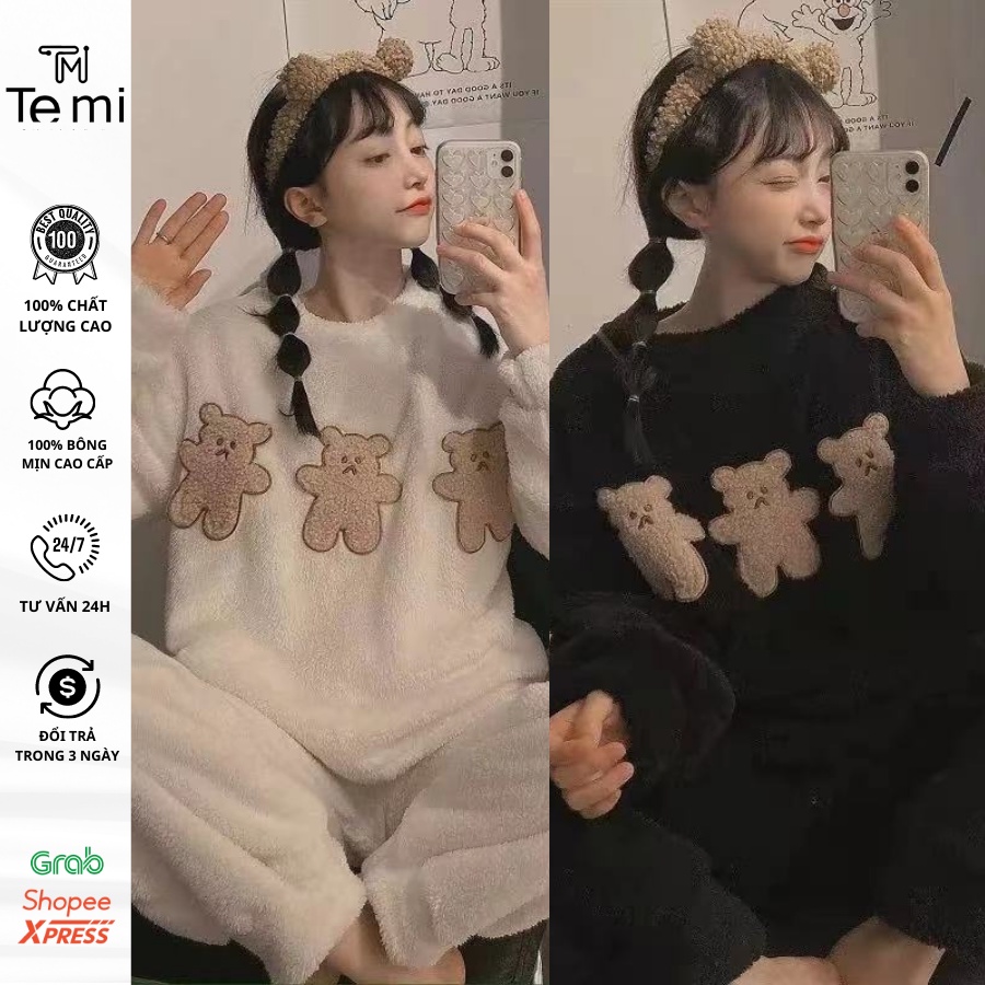 Bộ ngủ bông dài tay hình gấu TEMI đồ ngủ nữ, chất lông mềm mịn, dày dặn, gấu cute, thêu, dệt hoạ tiết, hàng quảng châu