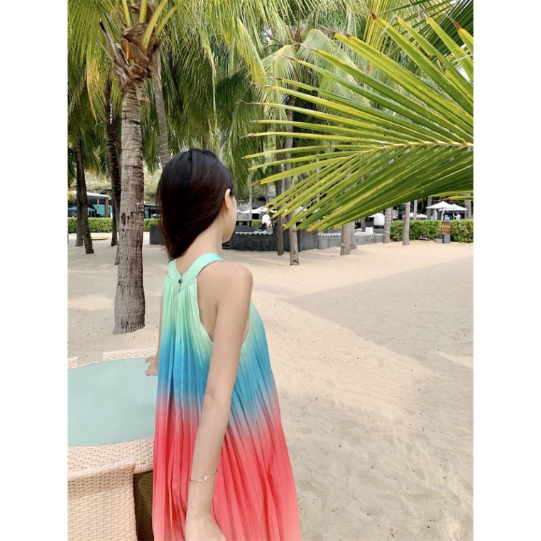 Đầm LUHAZO Maxi đi biển xếp ly dự tiệc dáng dài xòe hở lưng cổ yếm  thiết kế sang chảnh thời Trang 8500DK1T202