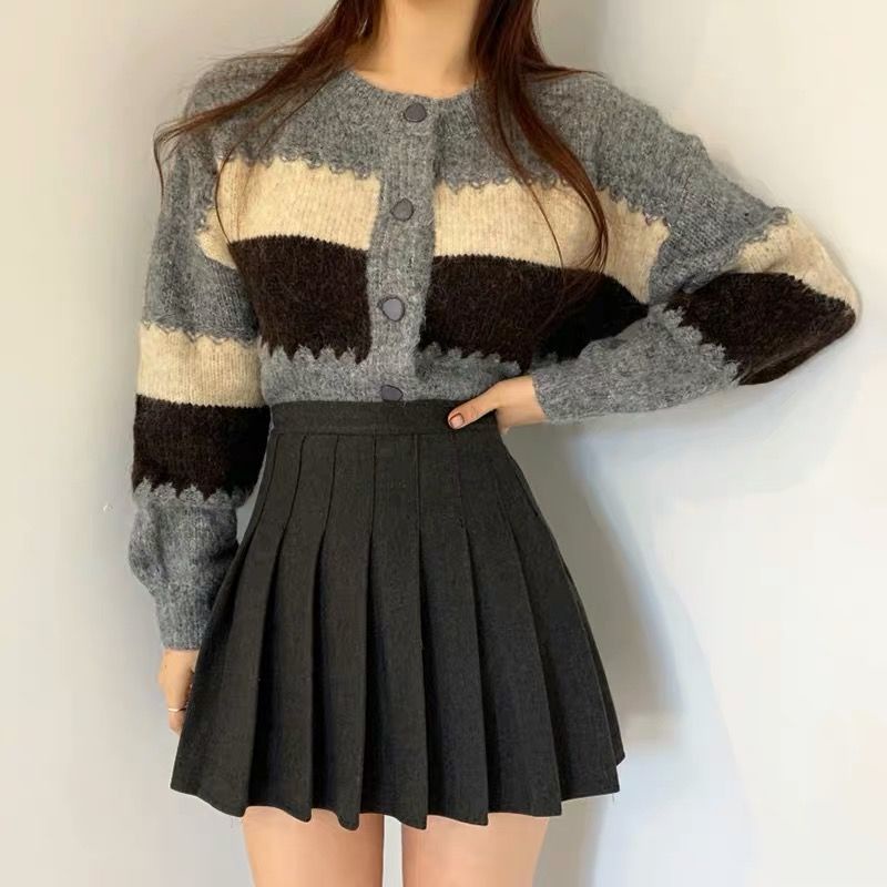 Áo Khoác Cardigan Dệt Kim Màu Sắc Tương Phản Phong Cách Retro Hàn Quốc