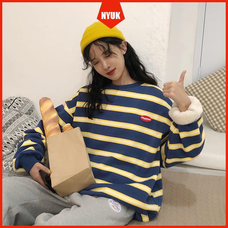 Áo Sweater Nữ Dáng Rộng Vải Lông Cừu Phối Nhung Xinh Xắn Thoải Mái Phong Cách Hàn Quốc | BigBuy360 - bigbuy360.vn