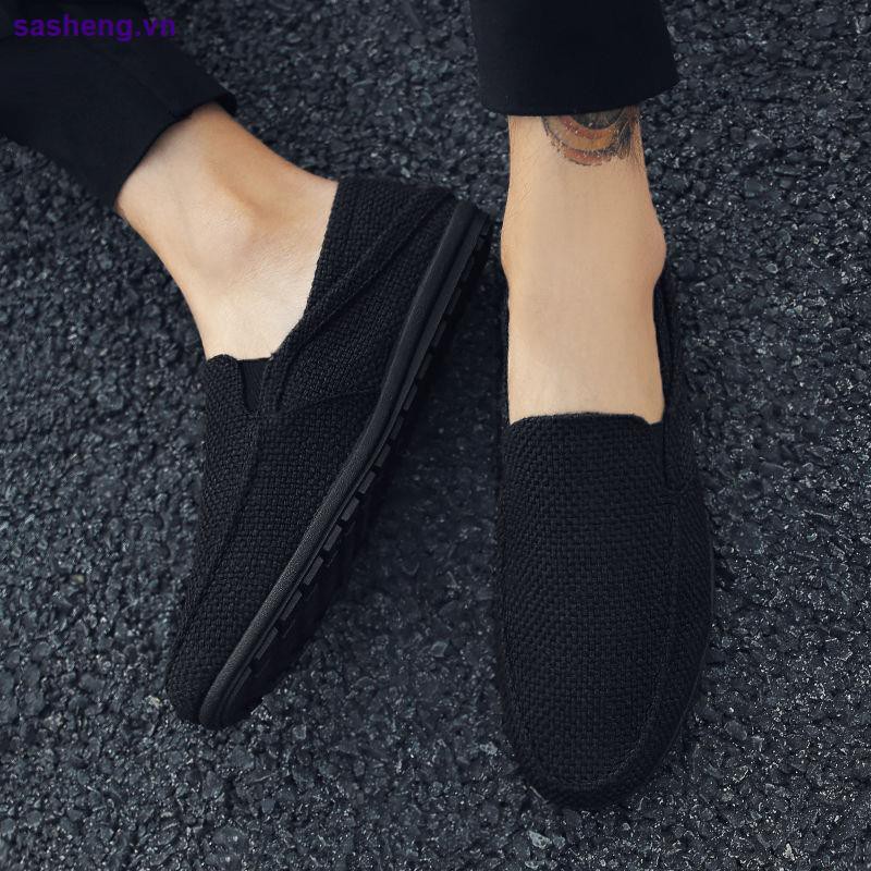 Giày lười vải lanh thoáng khí màu đen thời trang mùa hè cho nam trung niên