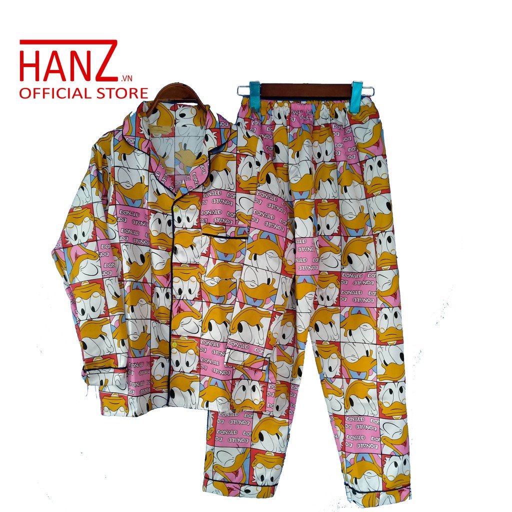 Bộ ngủ pijama lụa kate thái áo dài quần dài bộ mặc nhà Hanz.vn mềm mại dễ thương H 1 Vịt vàng