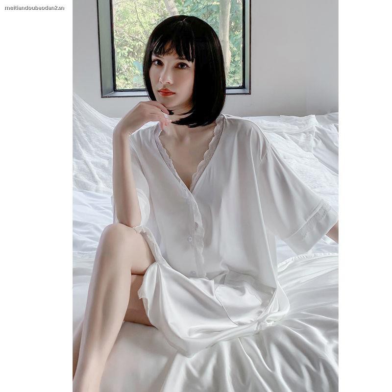 đồ ngủ Vải Lụa Lạnh Phối Ren Cổ Chữ V Chất Lượng Cao Thời Trang Xuân Thu Hàng Mới Dành Cho Bạn Nữ 2021