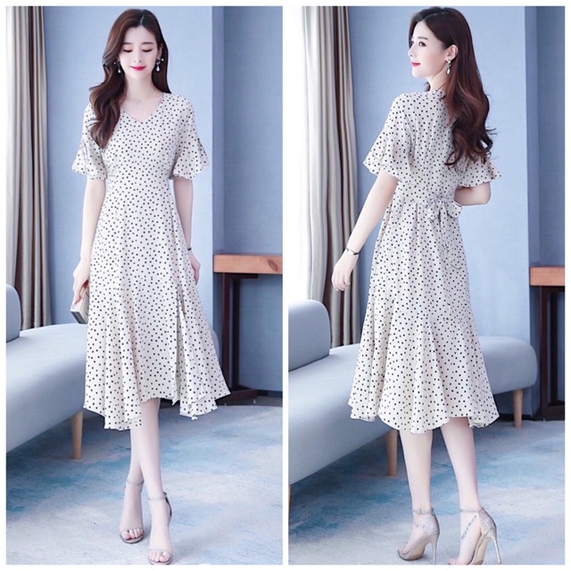 Đầm váy bi trắng đuôi cá thắt eo (kèm hình thật)