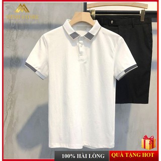 - áo polo nam ngắn tay có cổ bẻ phối kẻ sọc cao cấp