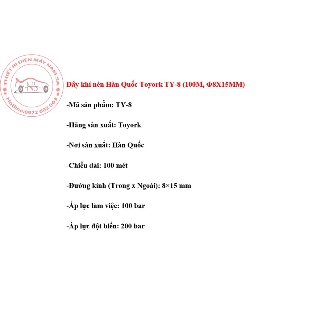 Dây dẫn khí nén Hàn Quốc Toyork 2 lớp bố vải phi 8 mm | giá 1 mét dài