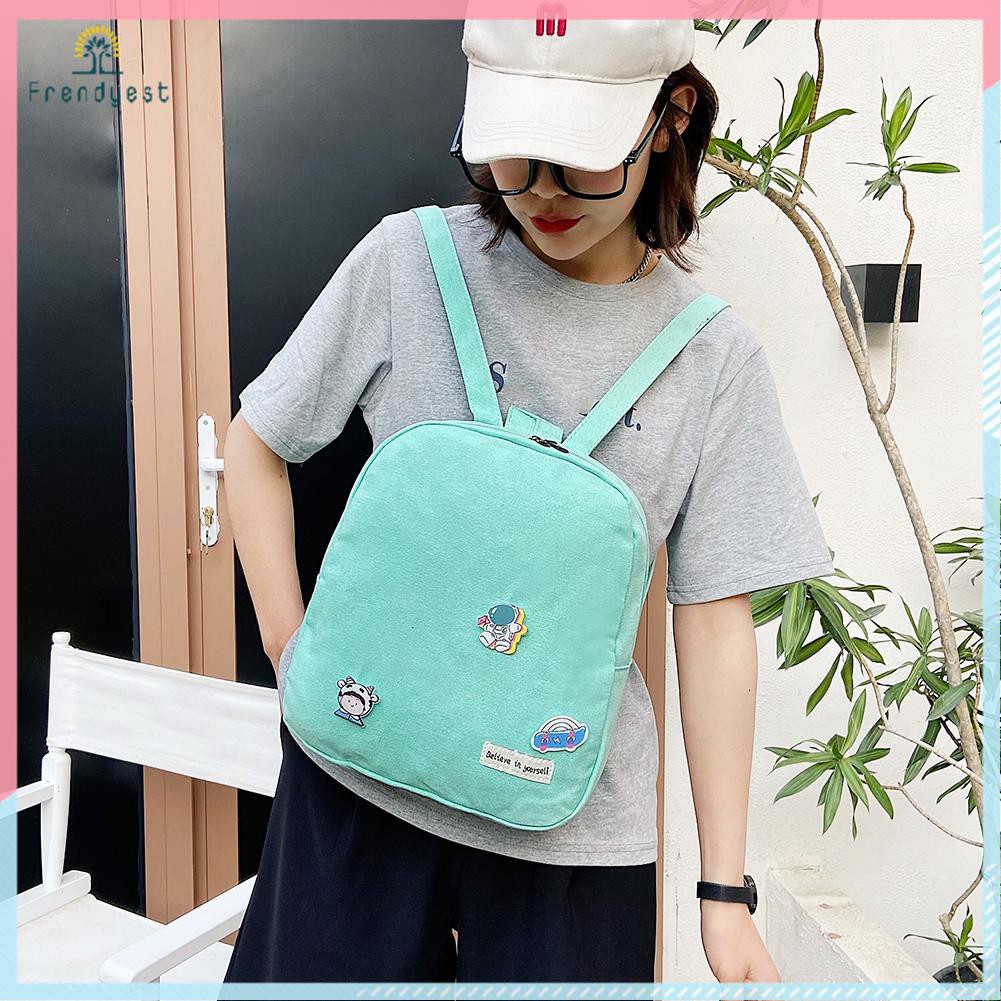 Vintage Women Canvas Solid Color Backpack Casual Knapsack Handbags Badges