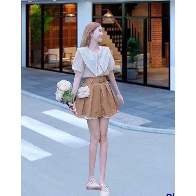 set áo sơ mi cổ sen mix chân váy kiểu độc đáo