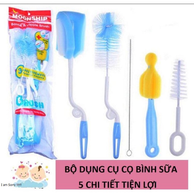 Bộ Cọ rửa bình sữa Núm Ti 5 chi tiết Tiện Lợi Cho Mẹ Quay 360 Độ siêu sạch, có móc treo (4 màu)