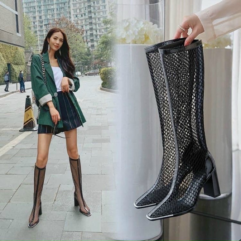 [Mã 151FASHIONSALE1 giảm 10k đơn 50k] Bốt lưới đùi loại đẹp khoá sau gót 7,5cm [VIDEO +ẢNH THẬT] hàngsẵn đen cao