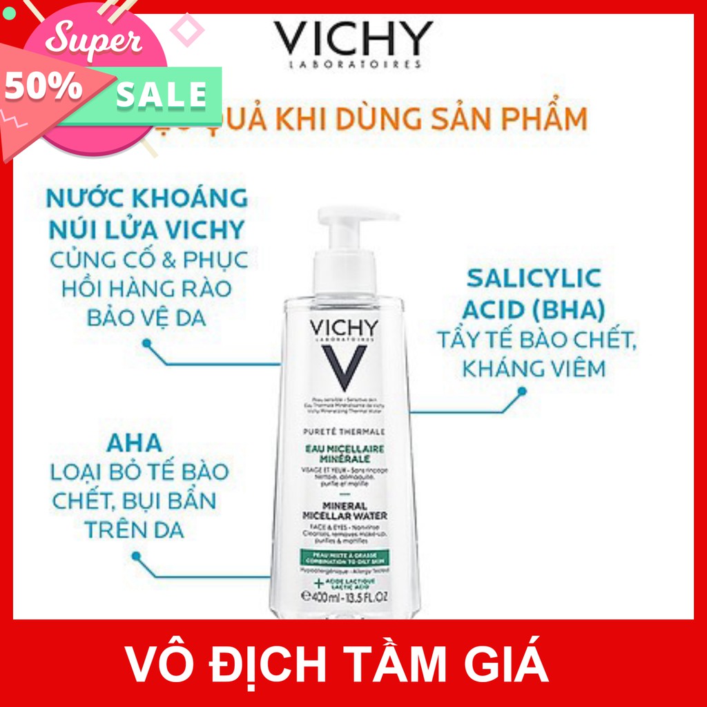 [CHÍNH HÃNG] Nước tẩy trang cho da hỗn hợp và da dầu Vichy Pureté Thermale Mineral Micellar Water 400ml