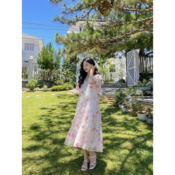 Đầm Voan Hoa Lụa Cổ V Phom Suông Rộng Dáng Tầng Babydoll Phong Cách Nữ Tính Nhẹ Nhàng