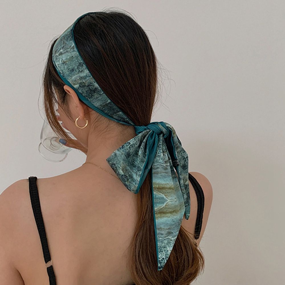 ANEMONE Simple Silk Scarf Headband Retro Korean Style Headband Bow Hair Rope Printing Long Ribbon Braided Hair Sweet France Temperament Female Headwear