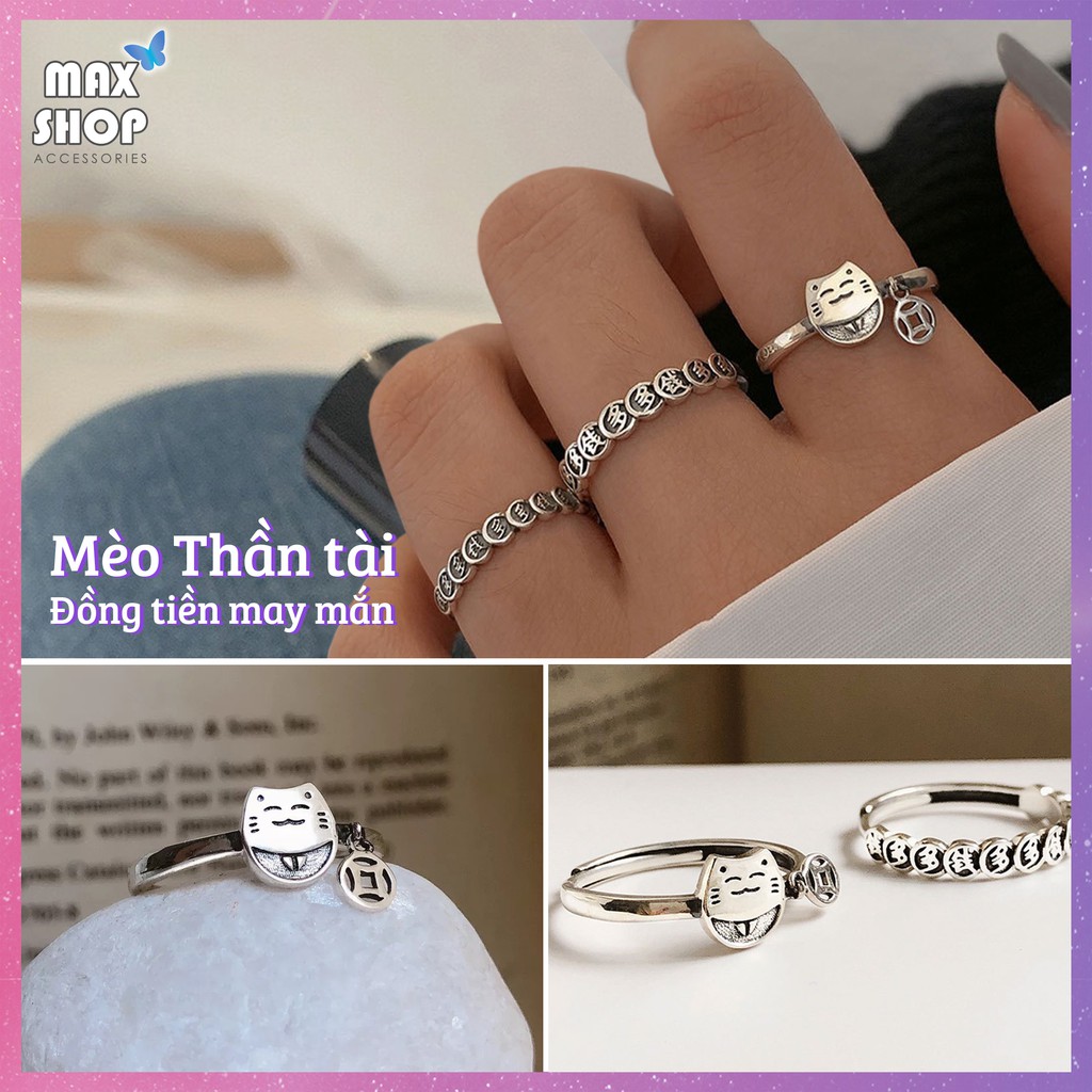 Nhẫn bạc nữ 925 kiểu dáng Mèo thần tài, Đồng tiền biểu tượng may mắn phong cách dễ thương