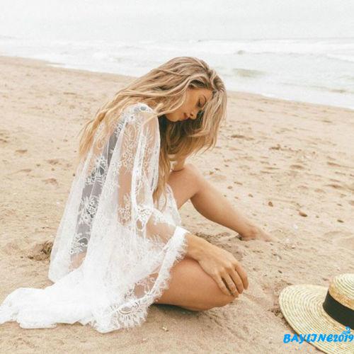 Áo Khoác Kimono Tay Dài Màu Trơn Phối Ren Xuyên Thấu Kèm Thắt Lưng Thời Trang Cho Nữ