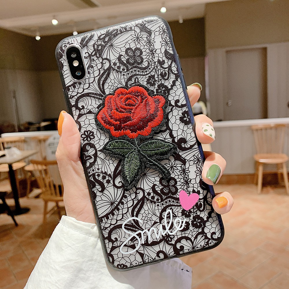 Vỏ điện thoại hoa văn ren trong suốt với hoa hồng Samsung Galaxy A9 Star Pro J8 A7 2018 A9S J6 Plus J4 J5 J7 Prime A8S Transparent Lace Pattern Rigid Phone Case Mobile Back Cover With Rose Flower