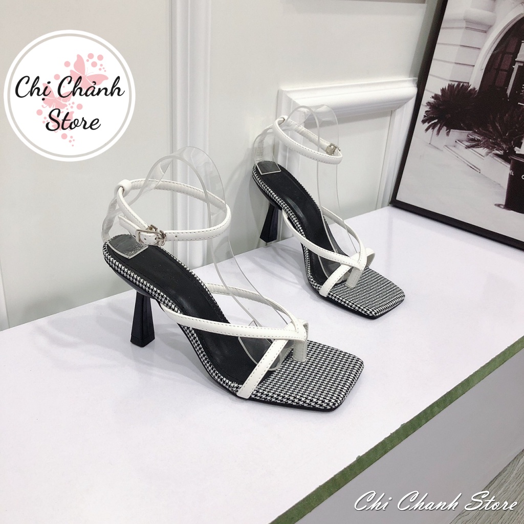 Sandal Cao gót Ly 7p Da Mềm Phối Caro Hàng Chuẩn Form Lên Chân Tôn Dáng - Chị Chảnh Store