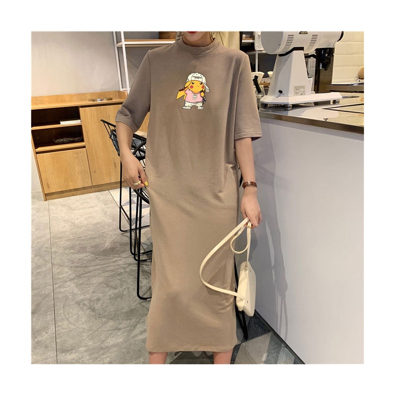 Đầm Suông Váy Suông Form Rộng In Hình Pikachuuuu Chất Chơi Dáng Dài Tay Ngắn Tà Xẻ Tinh Tế TTDS0337