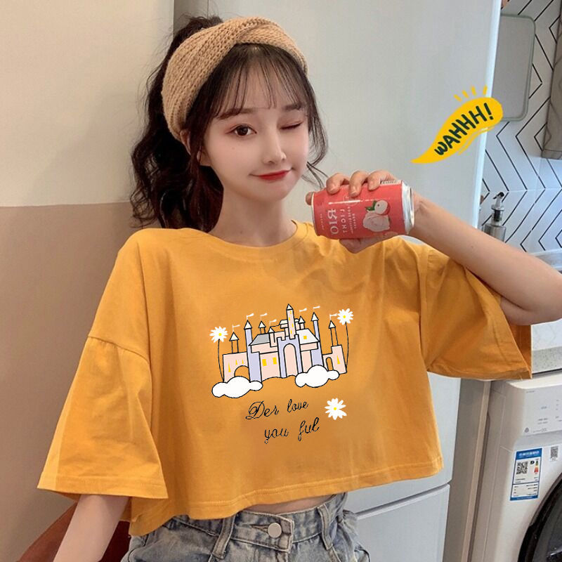 Áo Thun Lửng Ngắn Tay Phong Cách Hàn Quốc Dành Cho Nữ