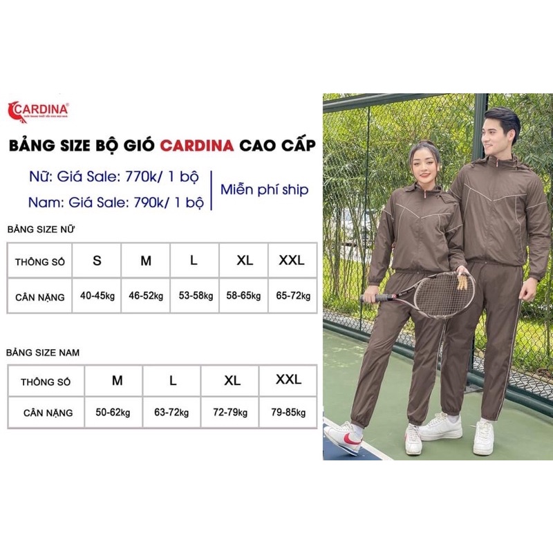 Bộ Quần Áo Gió thể thao thu đông Nam Nữ cao cấp 2 Lớp Cardina, vải gió mềm mịn, chống nhăn,chống mưa, chống bụi, cản gió