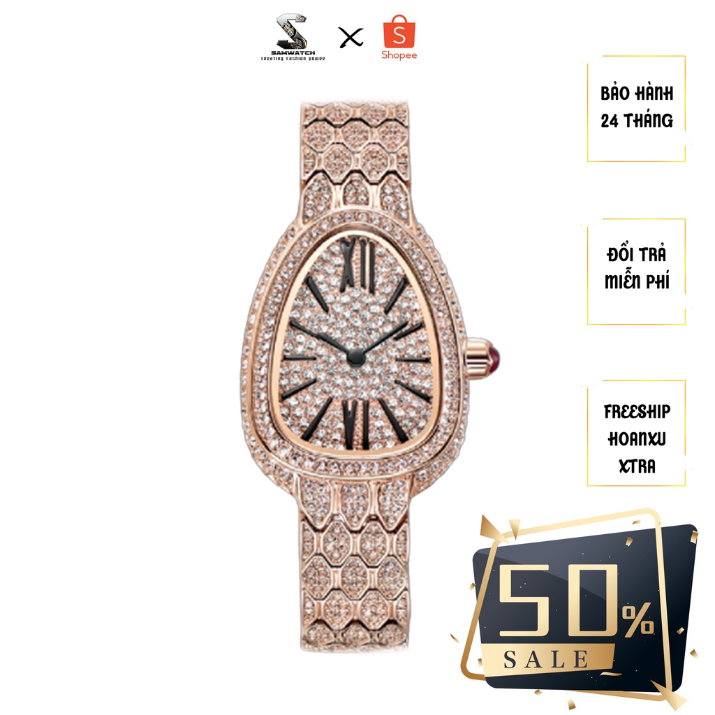 Đồng Hồ Davena Nữ D61595 Kiểu Mặt Rắn Full Đá 23.5x31.5mm Rose Gold Chính Hãng