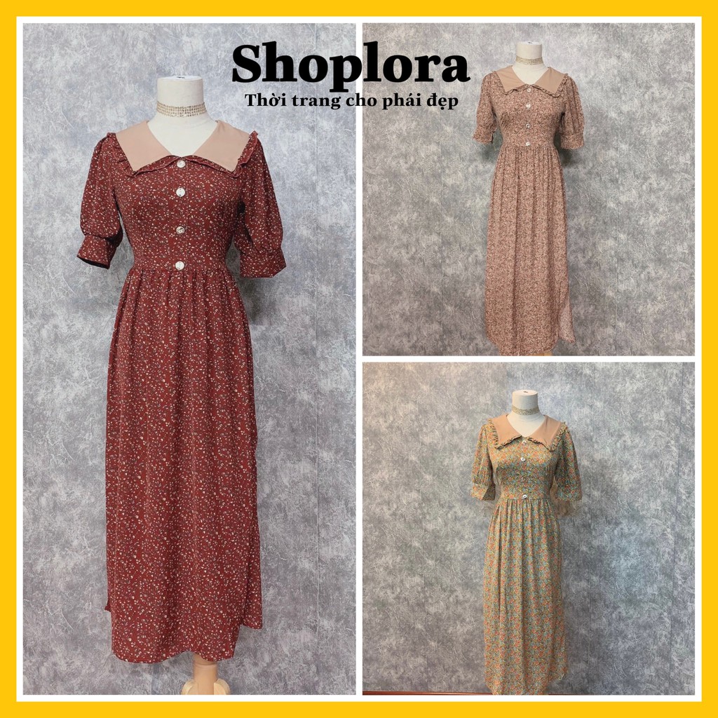 Váy hoa nhí Chiffon cao cấp kiểu dáng vintage pha cổ tàu, tay cộc - Đầm ulzzang Thời trang Shoplora