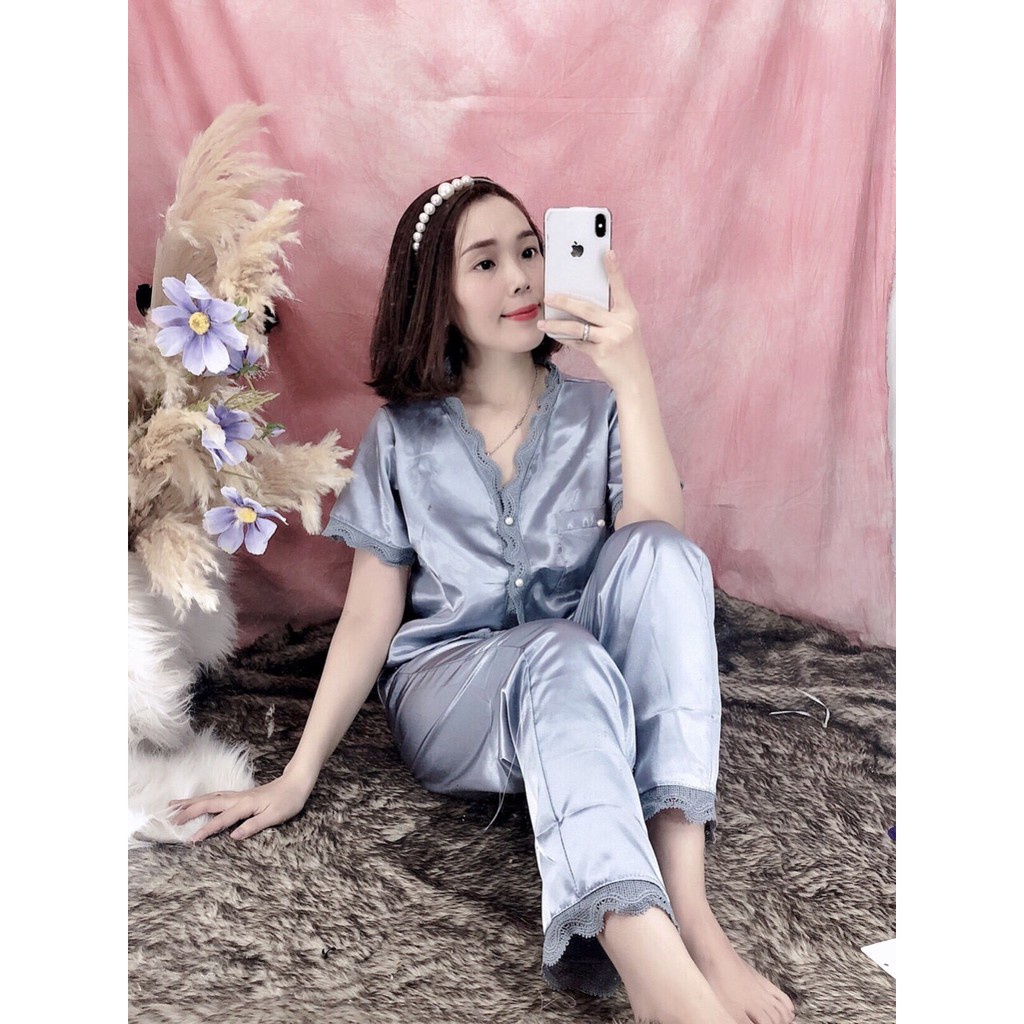 Đồ bộ phi lụa cổ tim viền ren - tay ngắn quần dài