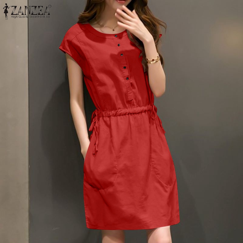 Đầm midi ZANZEA sát nách màu trơn tùy chọn thời trang mùa hè dành cho nữ